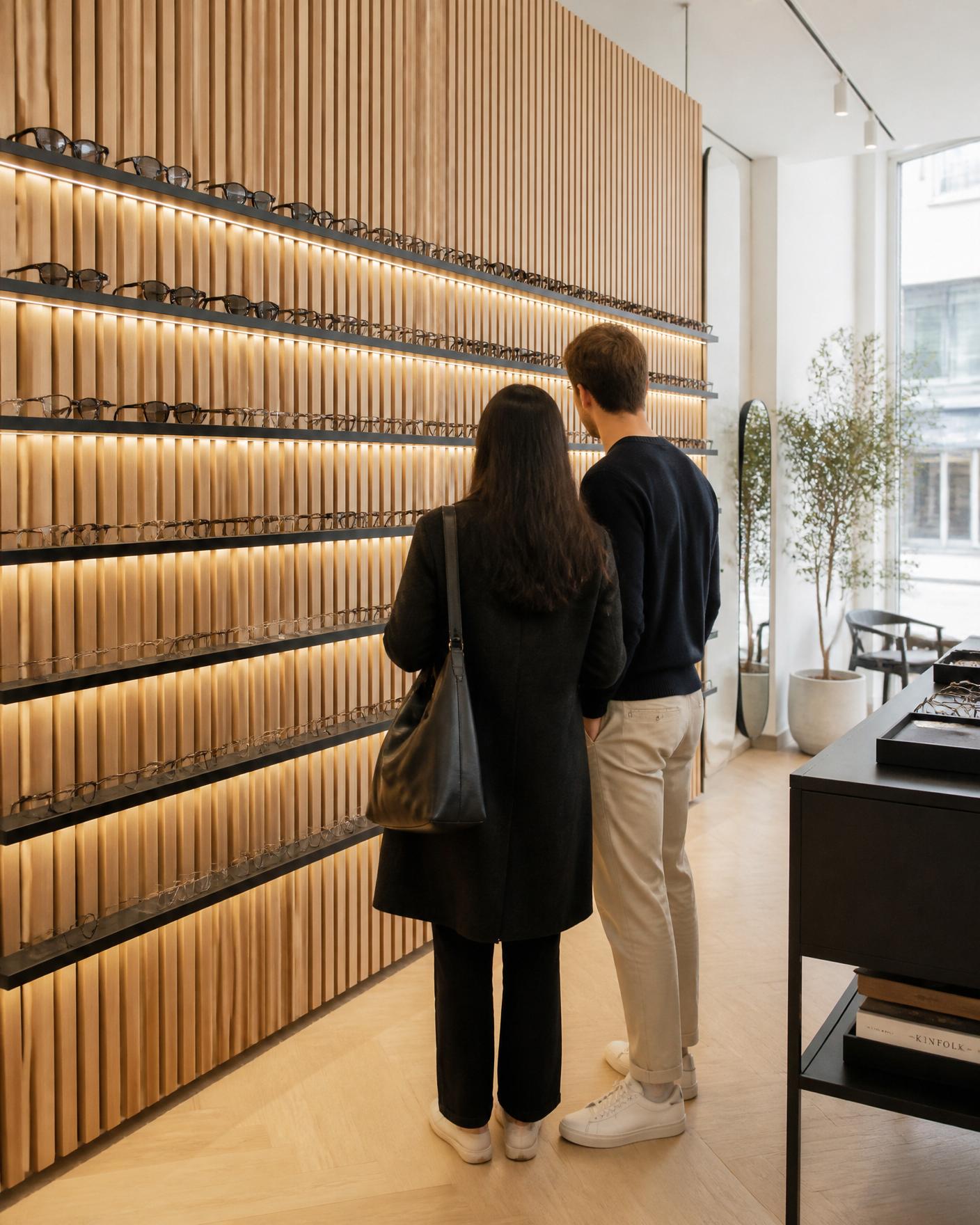 Kunden im TGBO Store an der beleuchteten Fassungswand